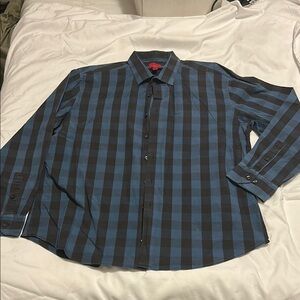 Alfani Blue and Black Casual Button Down Shirt with Classic Plaid Design